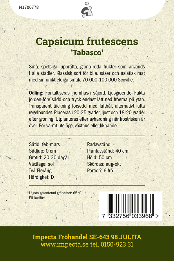 Tabascopeppar, flerårig spanskpeppar 'Tabasco'