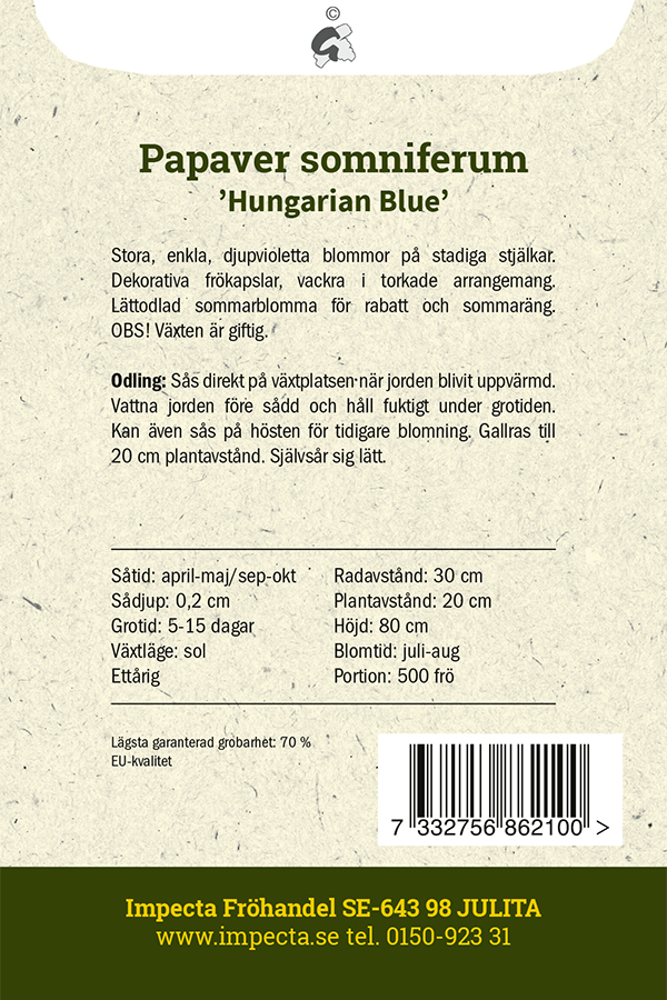 Enkel Vallmo 'Hungarian Blue'